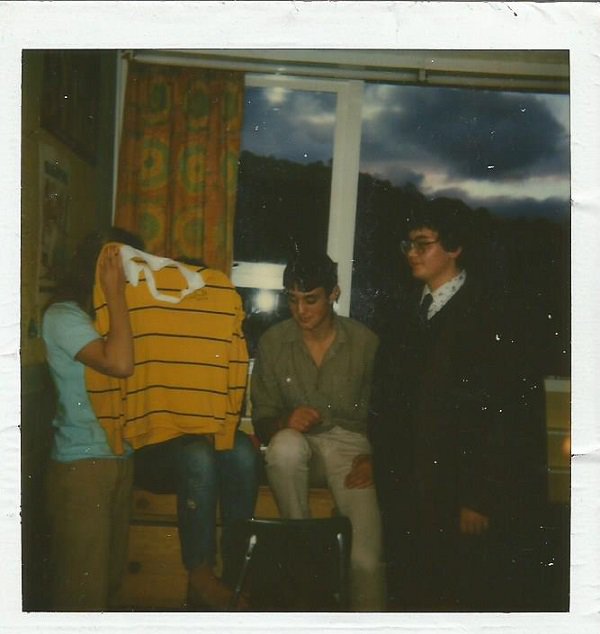 Joyce Cook(medicine student), James Gardner(science student) and Raymond Hilder(science student) in a room at Christ college circa 1985