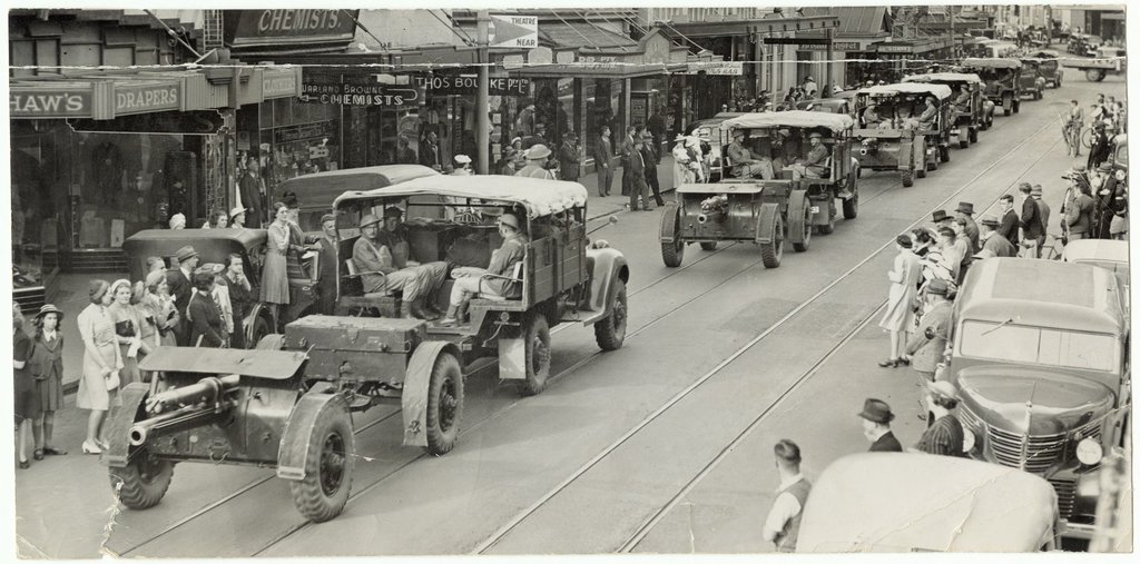 WWII parade of jeeps and guns, Brisbane Street, Launceston