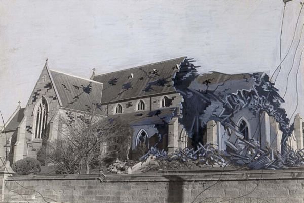 mock photograph of bombed St Mary's cathedral